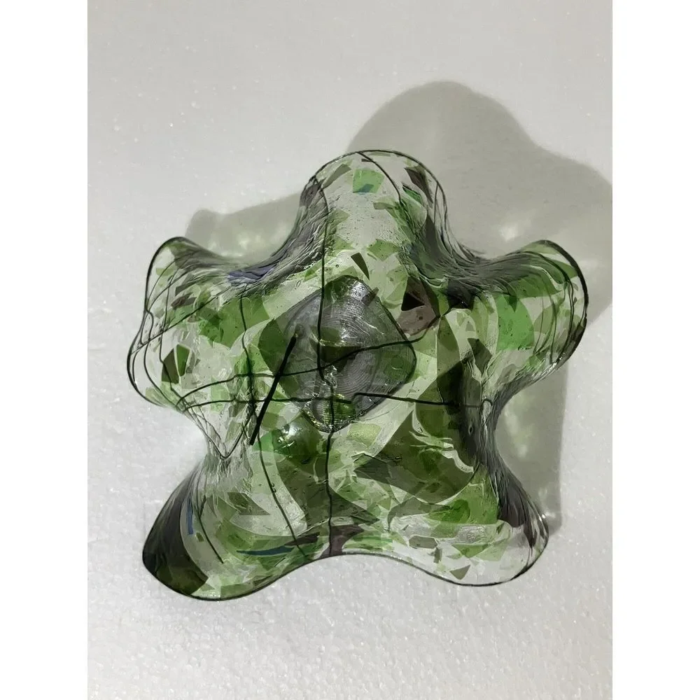 Folded  Hankerchif Clear W/ Blue‎ Green Glass / Votive Holder / With Flower Frog